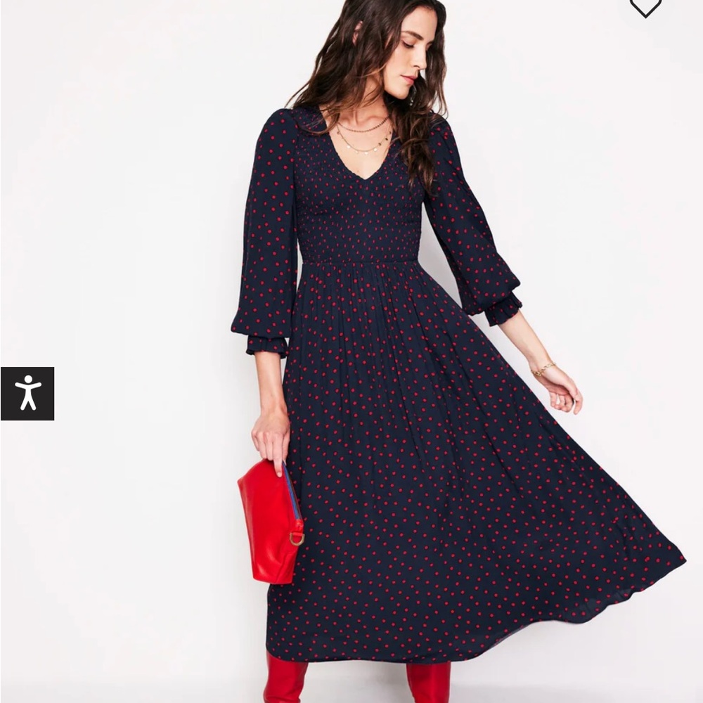 Boden Gemma Smocked Midi Dress in High Risk Red, Abstract Dot